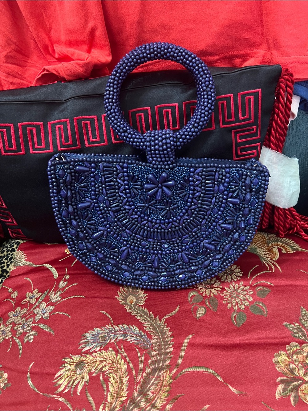 Handcrafted Beaded Half-Moon Tote Bag in Deep purple.